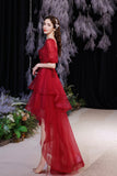 Red Lace High Low Party Dresses, A-Line Homecoming Dresses HZ0429