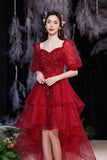 Red Lace High Low Party Dresses, A-Line Homecoming Dresses HZ0429