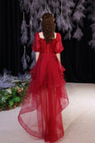 Red Lace High Low Party Dresses, A-Line Homecoming Dresses HZ0429