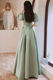 Green Satin Long Prom Dresses, A-Line Formal Evening Dresses HZ0429