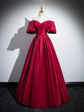 Burgundy Satin Long Prom Dress, Off the Shoulder A-Line Formal Evening Dress HZ0429
