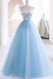 Blue Spaghetti Strap Tulle Beading Long A-Line Prom Dresses HZ0429