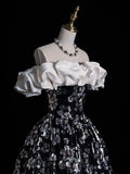 White and Black Sequins Long Prom Dress, Off the Shoulder A-Line Party Dress HZ0429