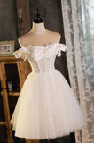 A-Line Tulle Short Prom Dress, Cute Champagne Off the Shoulder Party Dresses HZ0429
