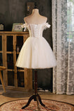 A-Line Tulle Short Prom Dress, Cute Champagne Off the Shoulder Party Dresses HZ0429
