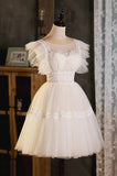 Cute Lace Short A-Line Prom Dress, Champagne Party Dress HZ0429