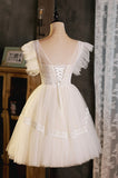Cute Lace Short A-Line Prom Dress, Champagne Party Dress HZ0429