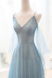 Blue Spaghetti Strap Tulle Long Prom Dress, V-Neck Evening Party Dress HZ0429