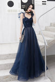 Blue Tulle Long Floor Length Prom Dress, A-Line Evening Dress HZ0429