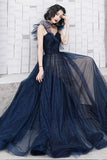 Blue Tulle Long Floor Length Prom Dress, A-Line Evening Dress HZ0429