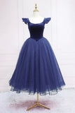 Navy Blue Velvet Tulle Tea Length Prom Dress with Ruffled Straps HZ0429