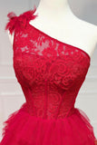 Red Tulle Lace Long Prom Dresses, One Shoulder Evening Dresses HZ0429
