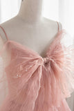 Pink Tulle Beaded Long Prom Dress, A-Line Evening Dress with Bow HZ0429