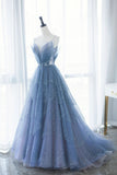 Blue Tulle Long A-Line Prom Dresses, Blue Evening Dresses with Beaded HZ0429