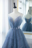 Blue Tulle Long A-Line Prom Dresses, Blue Evening Dresses with Beaded HZ0429
