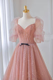 Pink Tulle Floor Length Prom Dress, Lovely Short Sleeve Graduation Party Dress HZ0429