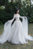Ivory Tulle Long Sleeve Prom Dress, A-Line Evening Dress with Butterfly HZ0429