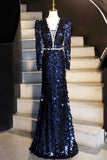 Navy Blue Sequin Mermaid Evening Gown Long Sleeve V Neck Formal Dress HZ0429
