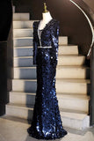 Navy Blue Sequin Mermaid Evening Gown Long Sleeve V Neck Formal Dress HZ0429