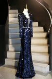 Navy Blue Sequin Mermaid Evening Gown Long Sleeve V Neck Formal Dress HZ0429