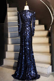 Navy Blue Sequin Mermaid Evening Gown Long Sleeve V Neck Formal Dress HZ0429