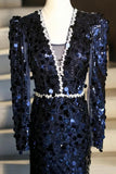 Navy Blue Sequin Mermaid Evening Gown Long Sleeve V Neck Formal Dress HZ0429