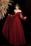 Burgundy Off Shoulder Sparkle Tulle Evening Gown Long Puff Sleeve Formal Ball Gown HZ0429