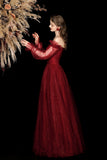 Burgundy Off Shoulder Sparkle Tulle Evening Gown Long Puff Sleeve Formal Ball Gown HZ0429