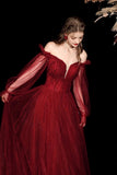 Burgundy Off Shoulder Sparkle Tulle Evening Gown Long Puff Sleeve Formal Ball Gown HZ0429