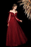 Burgundy Off Shoulder Sparkle Tulle Evening Gown Long Puff Sleeve Formal Ball Gown HZ0429