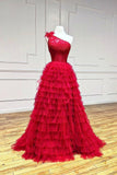 Red Tulle Lace Long Prom Dresses, One Shoulder Evening Dresses HZ0429