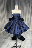 Navy Blue Strapless Mini Homecoming Dress with Lace Appliques HZ0429