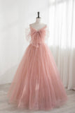 Pink Tulle Beaded Long Prom Dress, A-Line Evening Dress with Bow HZ0429