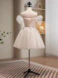 Champagne Tulle Sequins Short Prom Dress, Cute A-Line Homecoming Dress HZ0429