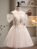 Champagne Tulle Sequins Short Prom Dress, Cute A-Line Homecoming Dress HZ0429