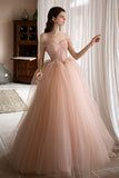 Pink Lovely Tulle Lace Long Prom Dress, Off the Shoulder Evening Dress HZ0429