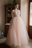 Pink Lovely Tulle Lace Long Prom Dress, Off the Shoulder Evening Dress HZ0429