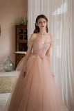Pink Lovely Tulle Lace Long Prom Dress, Off the Shoulder Evening Dress HZ0429