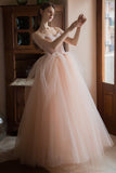 Pink Lovely Tulle Lace Long Prom Dress, Off the Shoulder Evening Dress HZ0429
