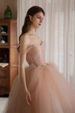 Pink Lovely Tulle Lace Long Prom Dress, Off the Shoulder Evening Dress HZ0429