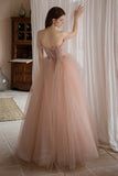 Pink Lovely Tulle Lace Long Prom Dress, Off the Shoulder Evening Dress HZ0429