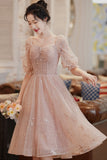 Cute Tulle A-Line Homecoming Dress, 1/2 Sleeves Short Prom Dress HZ0429