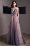 Purple V-Neck Tulle Long Prom Dresses, A-Line Ombre Evening Dresses HZ0429