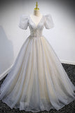 Grey V-Neck Tulle Beading Long Prom Dresses, A-Line Evening Dresses HZ0429