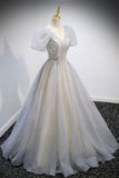 Grey V-Neck Tulle Beading Long Prom Dresses, A-Line Evening Dresses HZ0429