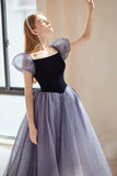 Purple Velvet Tulle Long Prom Dresses, Cute A-Line Evening Dresses HZ0429