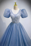 Blue V-Neck Tulle Beading Long Prom Dresses, Blue Short Sleeve Evening Dresses HZ0429