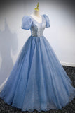 Blue V-Neck Tulle Beading Long Prom Dresses, Blue Short Sleeve Evening Dresses HZ0429