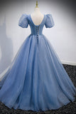 Blue V-Neck Tulle Beading Long Prom Dresses, Blue Short Sleeve Evening Dresses HZ0429