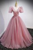 Pink V-Neck Tulle Long Prom Dresses, A-Line Evening Party Dresses HZ0429
